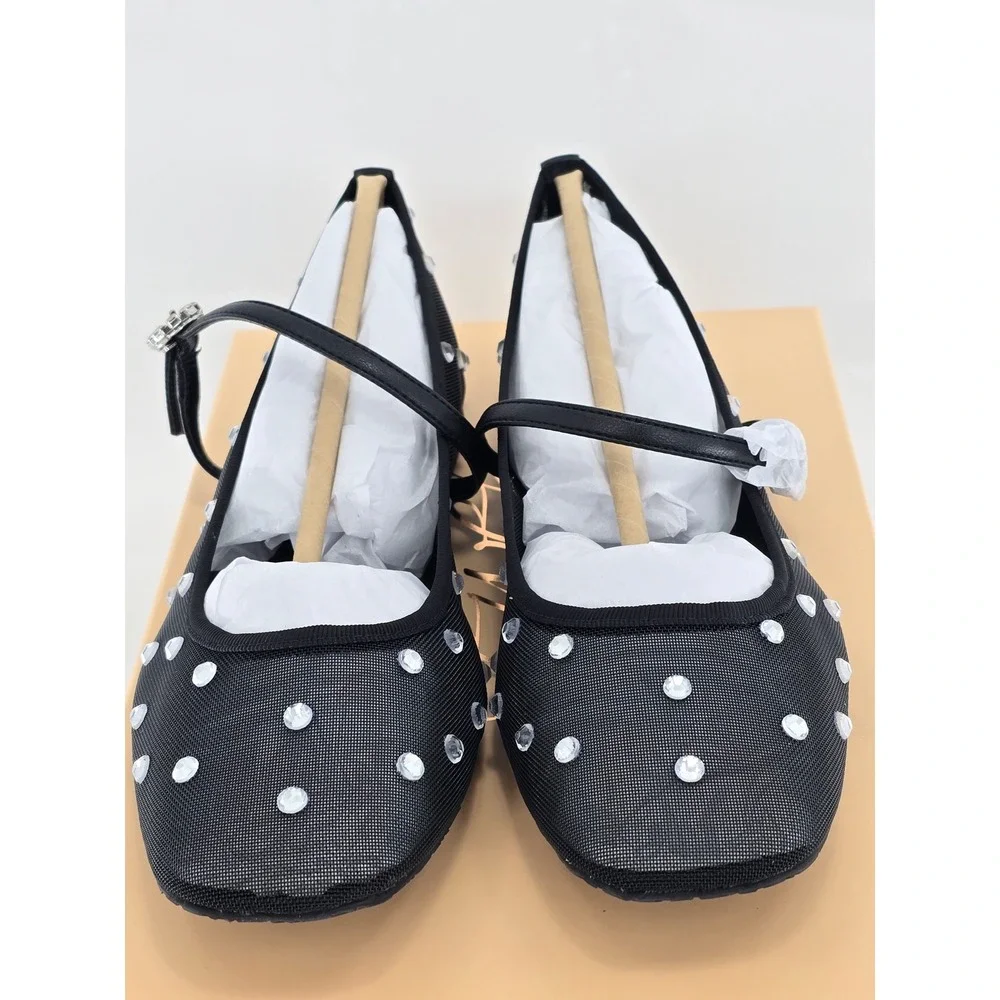 Jewel Badgley Mischka Kaya Flats Womens 7.5 Black Mesh Rhinestone - New